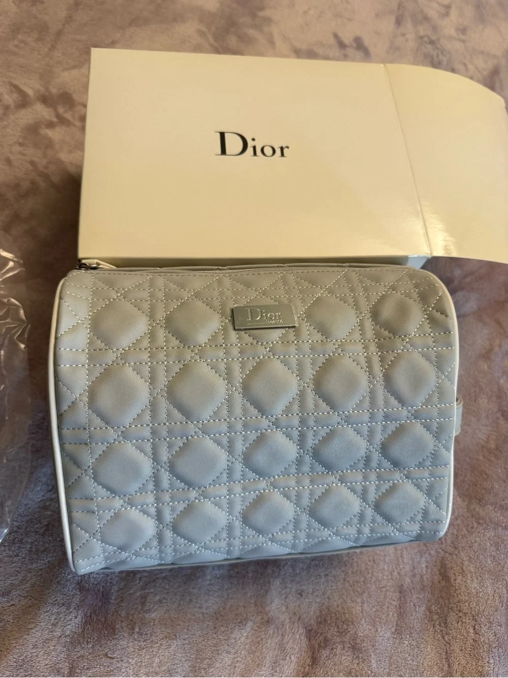 Dior Cream Quilted Cosmetic Pouch with Logo Plaque